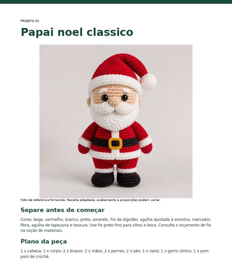 Página do projeto 01, Papai Noel clássico, com foto da peça e plano de componentes