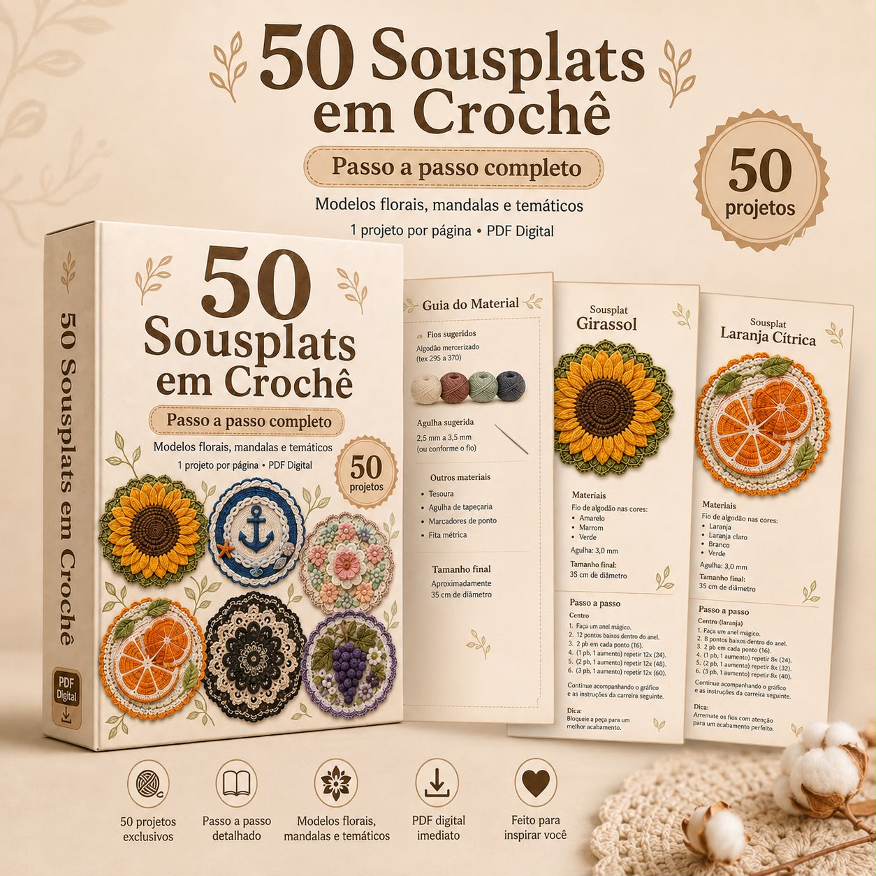 Caixa do material com as páginas internas dos sousplats em crochê