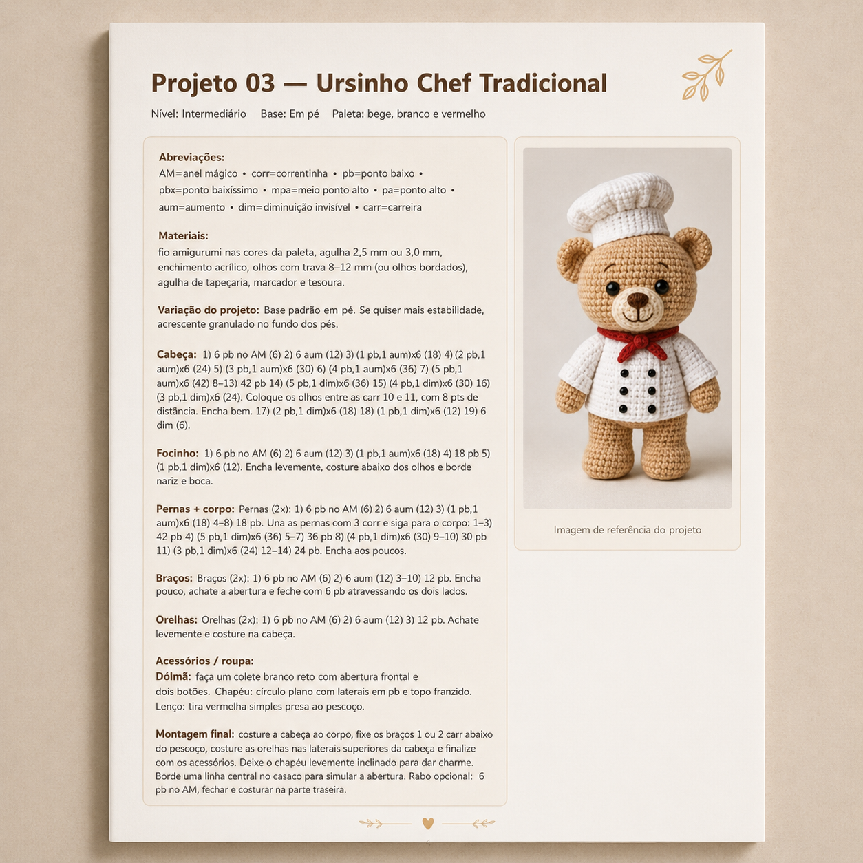 Página do PDF: Ursinho Chef Tradicional com dólmã e chapéu