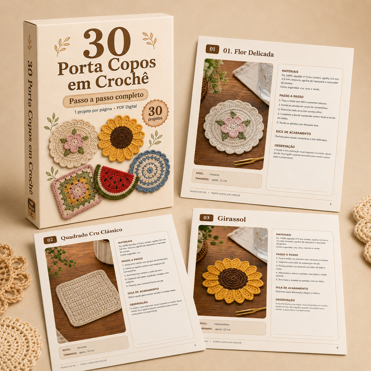 Caixa do material com as páginas dos projetos de porta-copos em crochê