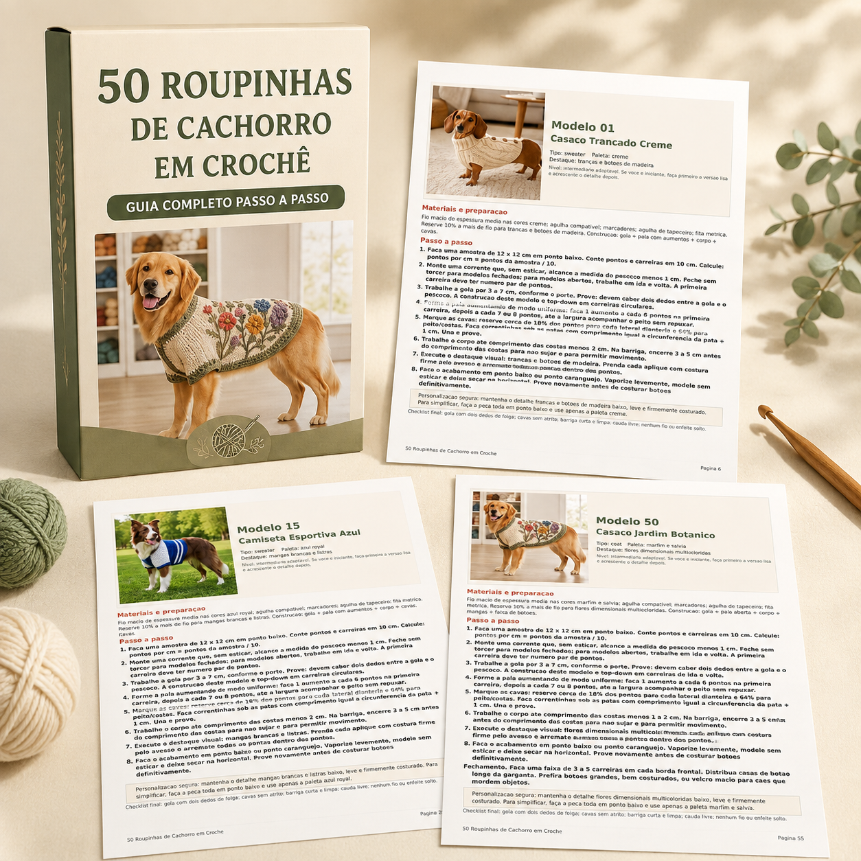 Caixa do guia ao lado de três páginas do PDF com receitas de roupinhas