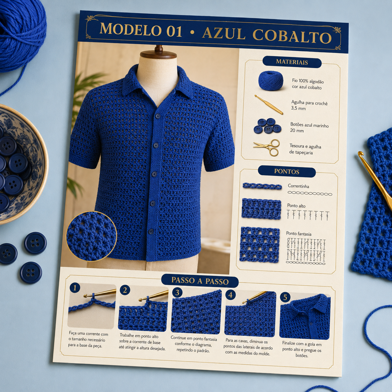 Página do guia com o Modelo 01 Azul Cobalto: materiais, pontos e passo a passo