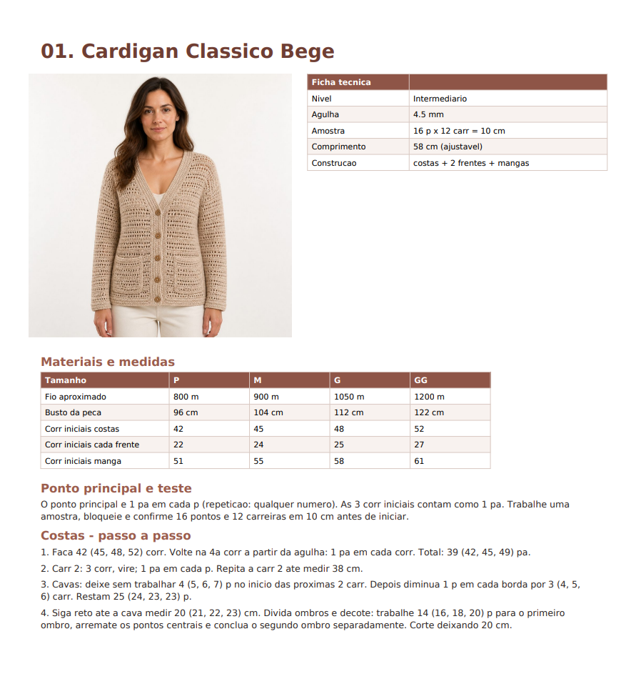 Página do guia: 01 Cardigan Clássico Bege com ficha técnica e medidas