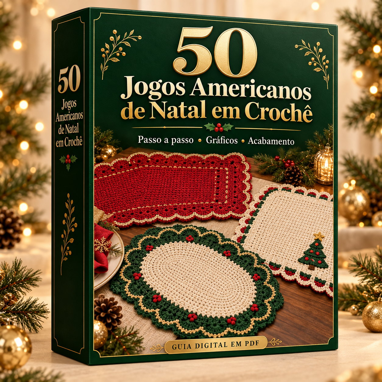 Caixa do guia 50 Jogos Americanos de Natal em Crochê com peças natalinas
