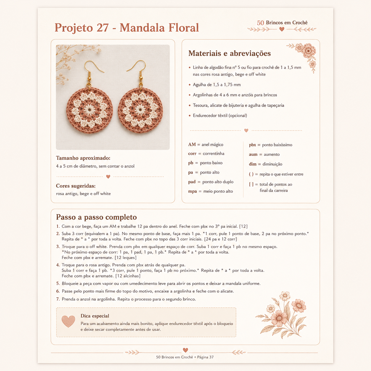 Página do PDF: brinco Mandala Floral com carreiras detalhadas e montagem