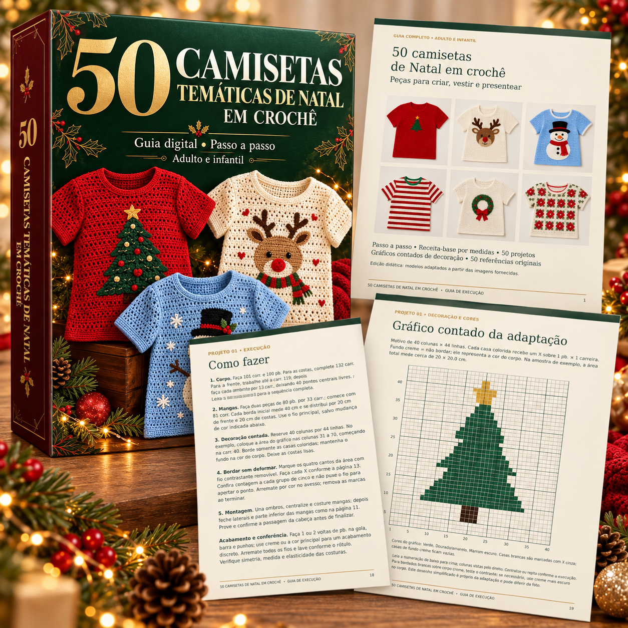 Caixa do guia acompanhada de páginas do PDF com a vitrine dos modelos, o passo a passo e o gráfico