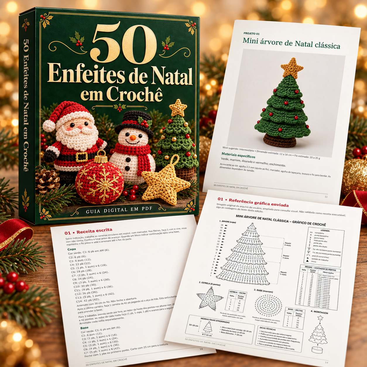 Caixa do guia 50 Enfeites de Natal em Crochê com páginas do PDF abertas