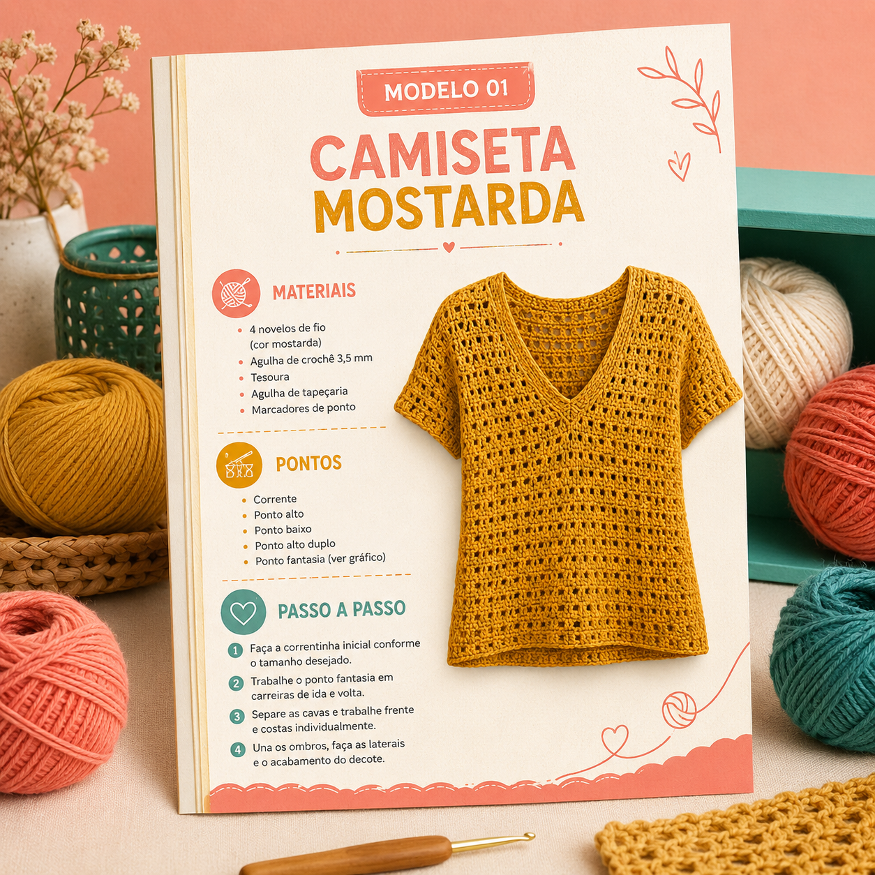Página do guia com o Modelo 01 Camiseta Mostarda, materiais, pontos e passo a passo