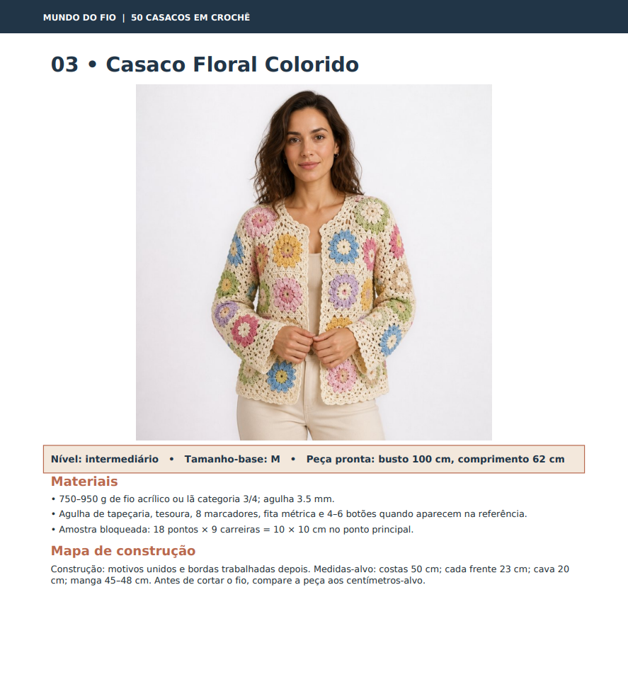 Página do guia: Modelo 03 Casaco Floral Colorido com materiais e mapa de construção