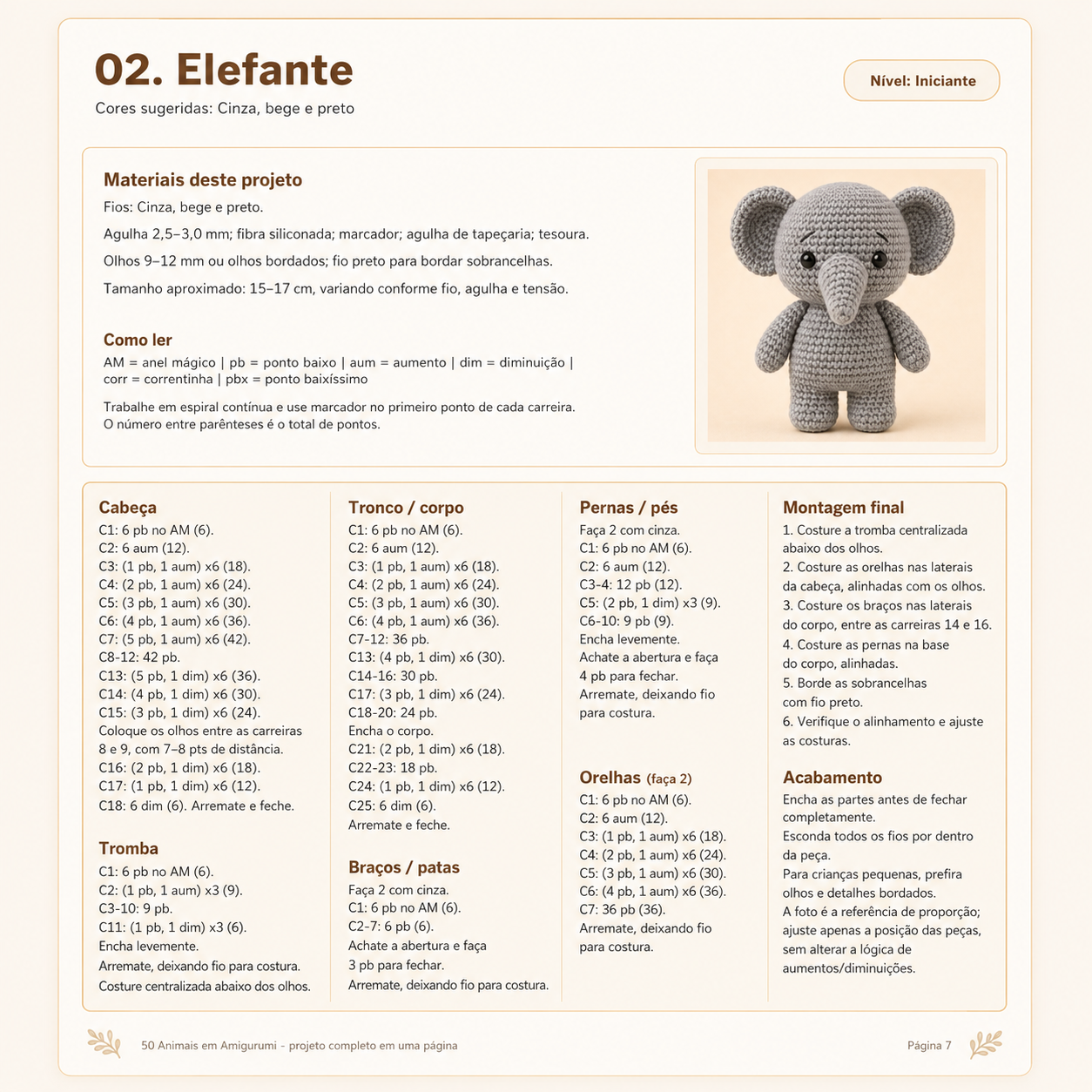 Página do projeto do elefante em amigurumi
